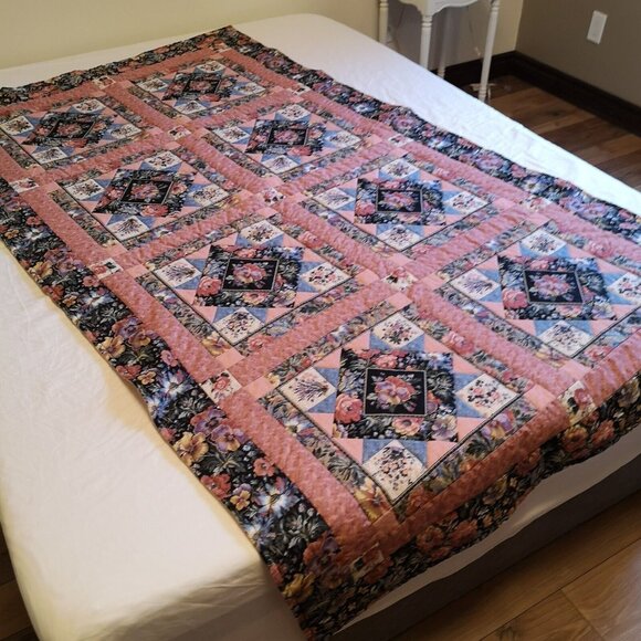 Handmade Lap Quilt Quilted Tablecloths Quilted Couch Throw Pink Poppies Pansies - Picture 2 of 8